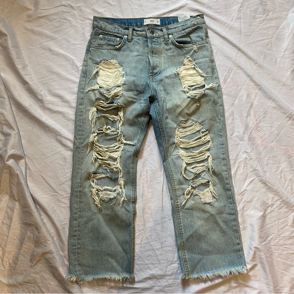 Mango Cropped Ripped Distressed Straight Jeans Light Wash Size 4 High Waisted